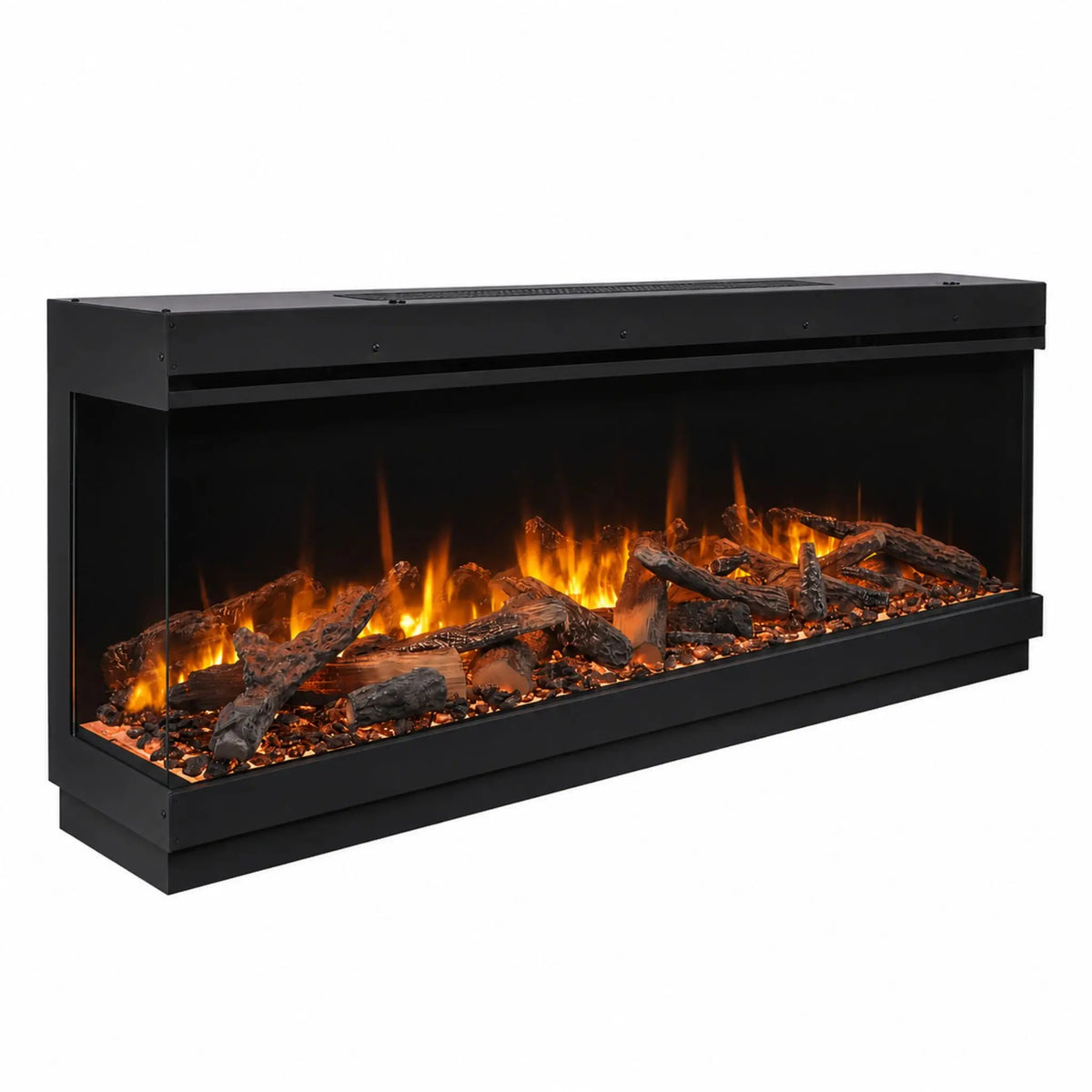 A modern linear electric fireplace with a black metal frame, featuring realistic faux logs and glowing orange and yellow flames inside a clear glass front.