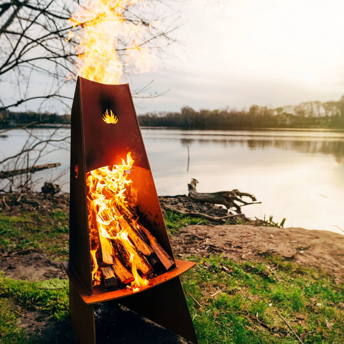 Fire Pit Art Vesuvius Wood Burning Fire Pit – Vertical Trilateral Steel Outdoor Fire Pit – Main Product Photo